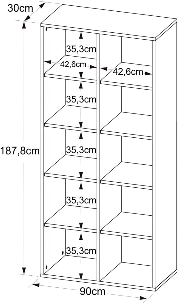 Bookcase Clean 5333 10 Niches 90*30.1*187.8Cm White (Limited 3 Months Warranty)