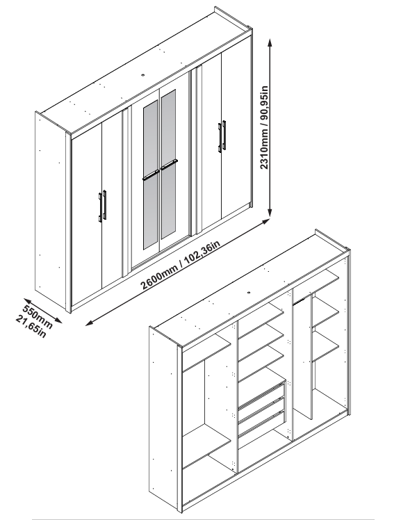Wardrobe Valley Ref 1155 6 Doors With 2 Drawers 260*231*55Cm Fraijo/Titanium (Limited 3 Months Warranty)