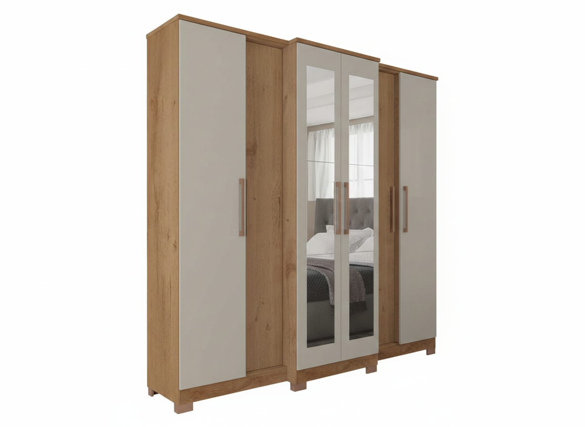 Wardrobe Montreal 2021R-355 6 Doors With Mirror 224.0Cm*238.0Cm*56.0Cm Off White Natural Rustic Cinnamon (Limited 3 Months Warranty)
