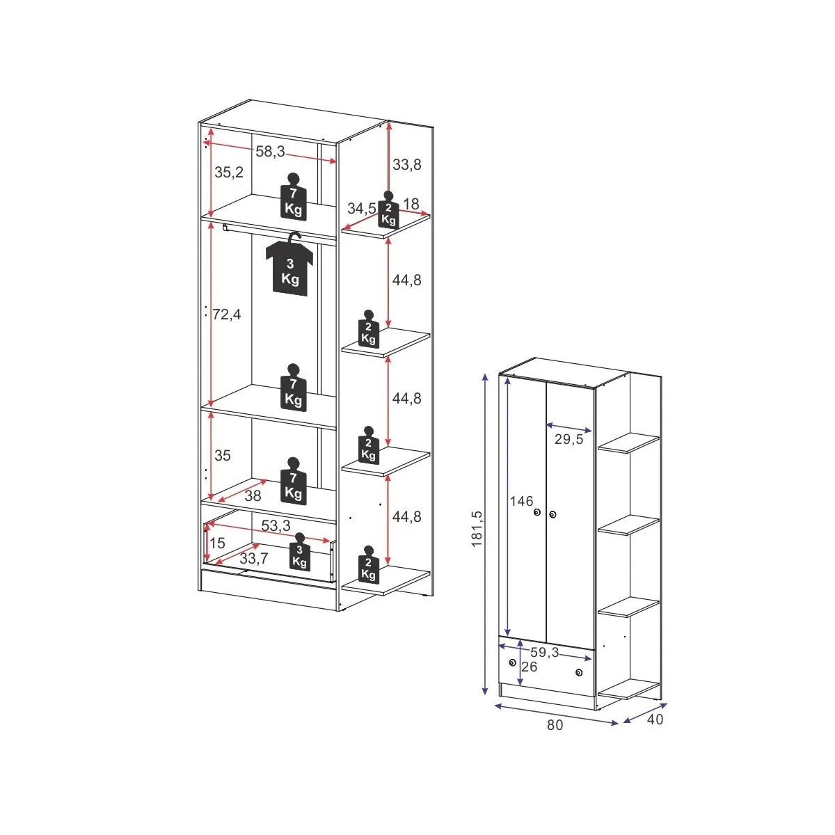Wardrobe Mp4236 2 Doors With 1 Drawer 181.5*80*40Cm Wooden/White (Limited 3 Months Warranty)