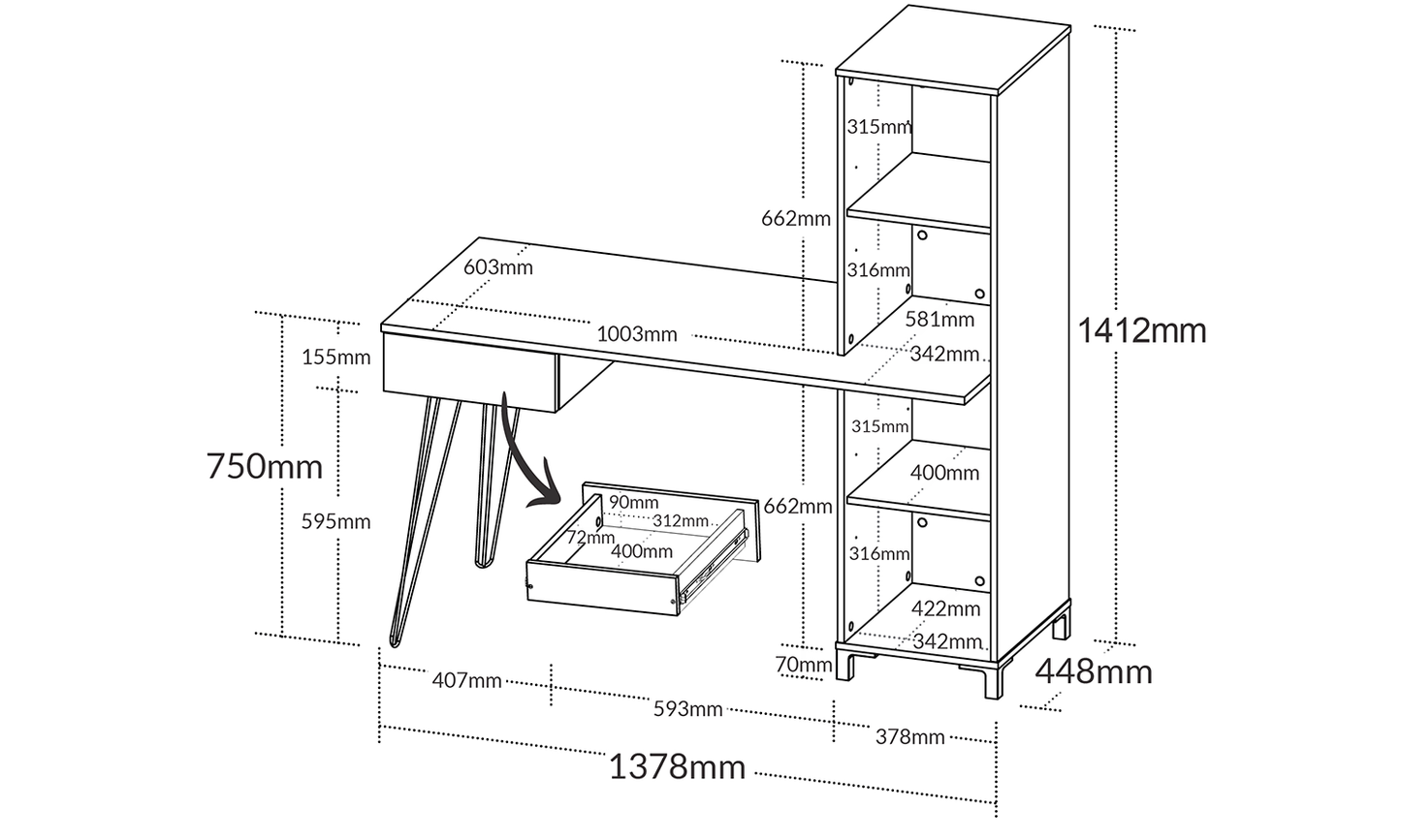 Office Table Fusion 6277 One Drawer With 2 Shelves 137.8*60.3*141.2Cm Concrete / Black (Limited 3 Months Warranty)