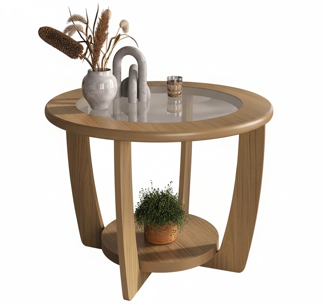 Coffee Table Curve 4575 Rounded With Tempered Glass 60*60*42.5Cm Oak (Limited 3 Months Warranty)