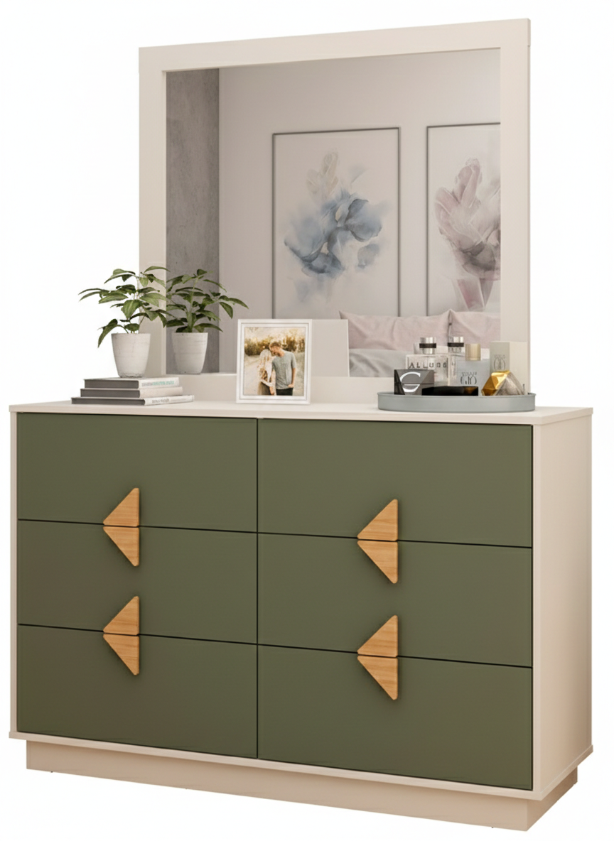 Dresser Tri 6 Drawers With Mirror Pearl / Salvia (Limited 3 Months Warranty)