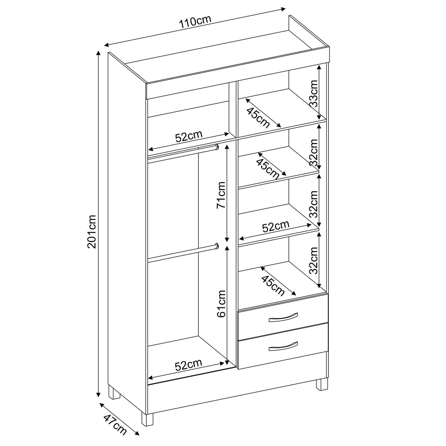 Wardrobe Astro 42860/140 4 Doors With 2 Drawers 110*201*47 Cm  Off White / Brown   (Limited 3 months Warranty)