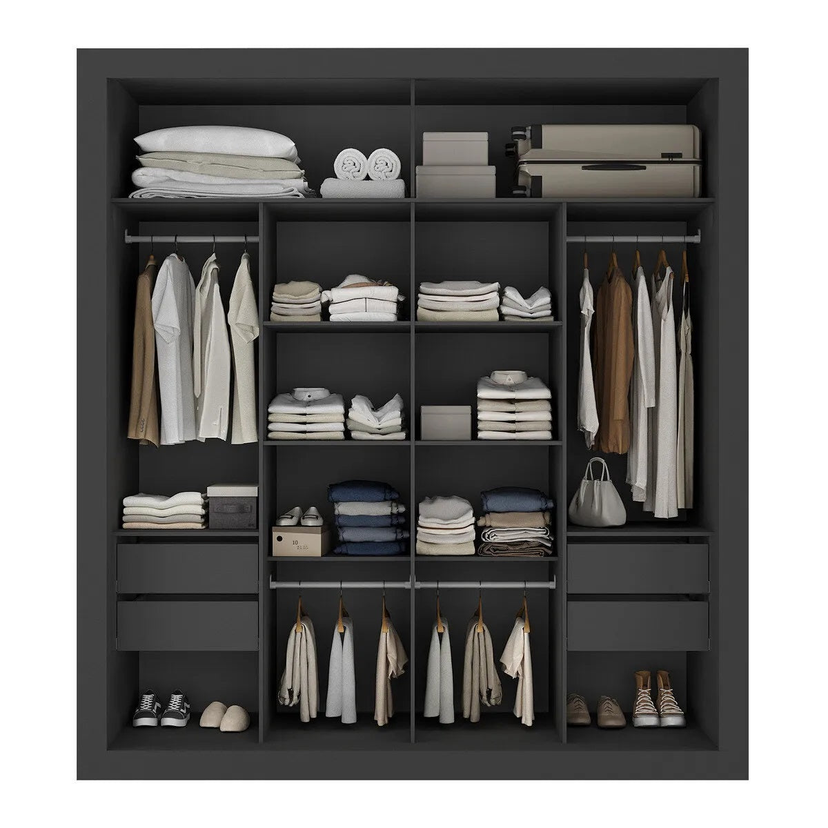 Wardrobe Mp4269.003 2 Doors With 4 Drawers  218*200*51Cm Black  (Limited 3 Months Warranty)