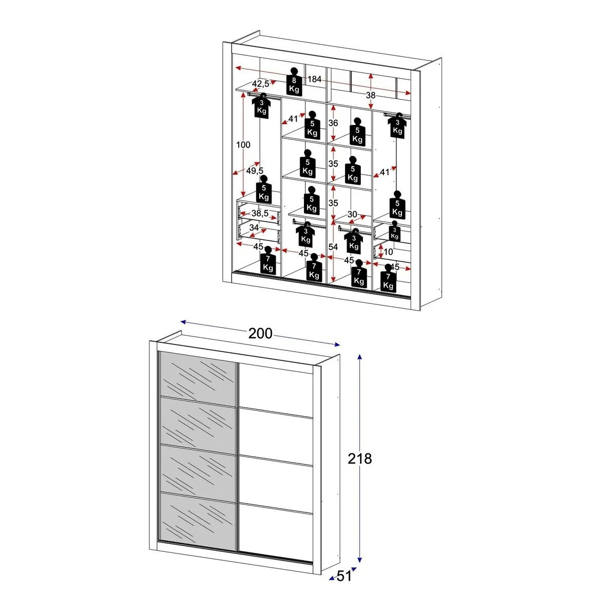 Wardrobe Mp4269.003 2 Doors With 4 Drawers  218*200*51Cm Black  (Limited 3 Months Warranty)