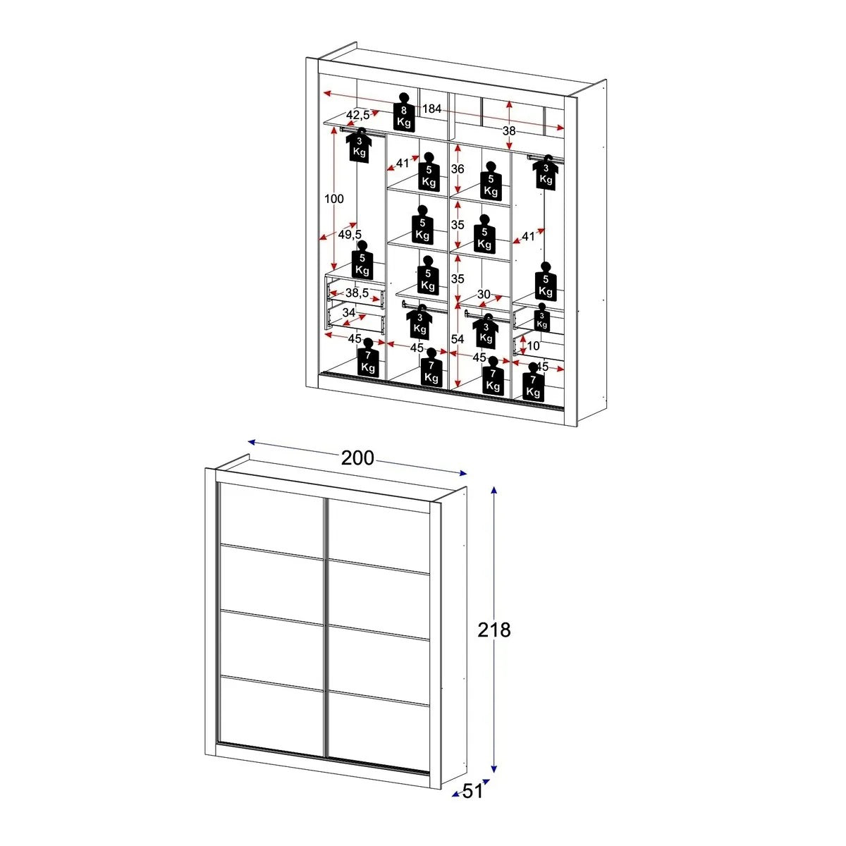 Wardrobe Mp4263 2 Sliding Doors With 4 Drawers  218*200*51Cm White / Lacca Smoke (Limited 3 Months Warranty)