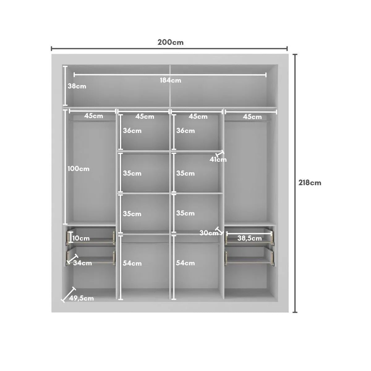 Wardrobe Mp4263 2 Sliding Doors With 4 Drawers  218*200*51Cm White / Lacca Smoke (Limited 3 Months Warranty)