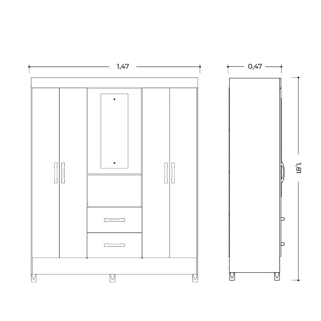 Wardrobe Mobi 23416-309 4 Doors With 2 Drawers And Mirror  147*181*47Cm Freijo/Titanium  (Limited 3 Months Warranty)