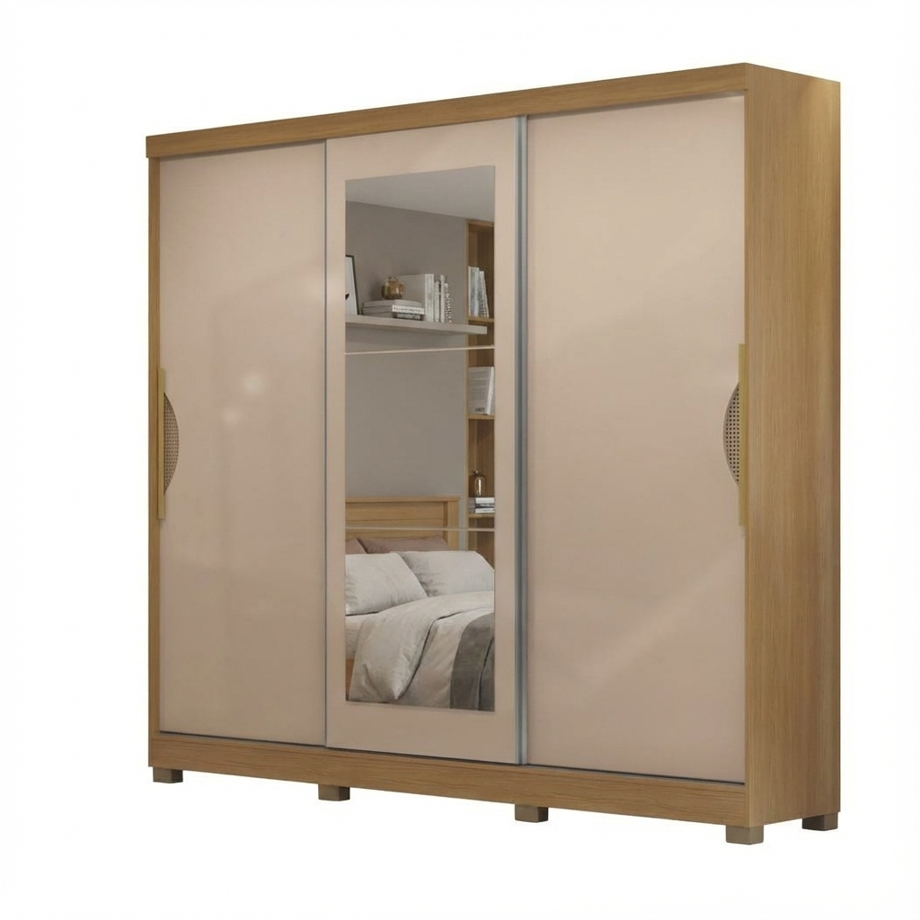 Wardrobe Cb01R579-Cnmc 3 Sliding Doors With 4 Drawers & Mirror  223*245*53Cm Canela (Limited 3 Months Warranty)