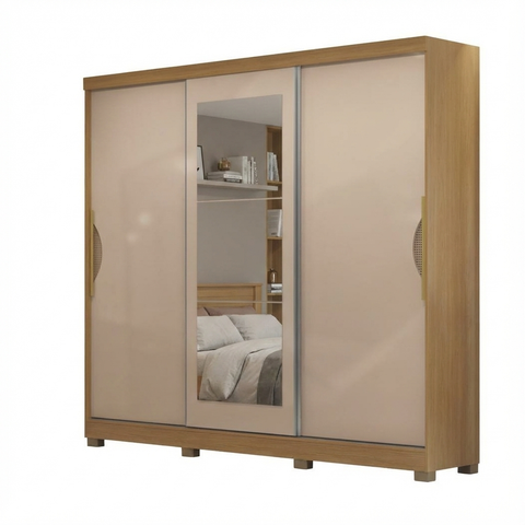 Wardrobe Cb01R579-Cnmc 3 Sliding Doors With 4 Drawers & Mirror  223*245*53Cm Canela (Limited 3 Months Warranty)