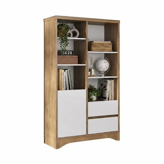 Bookcase Space 6258 2 Drawers With 1 Door  90*35.2*152.7Cm Elm/ White  (Limited 3 Months Warranty)