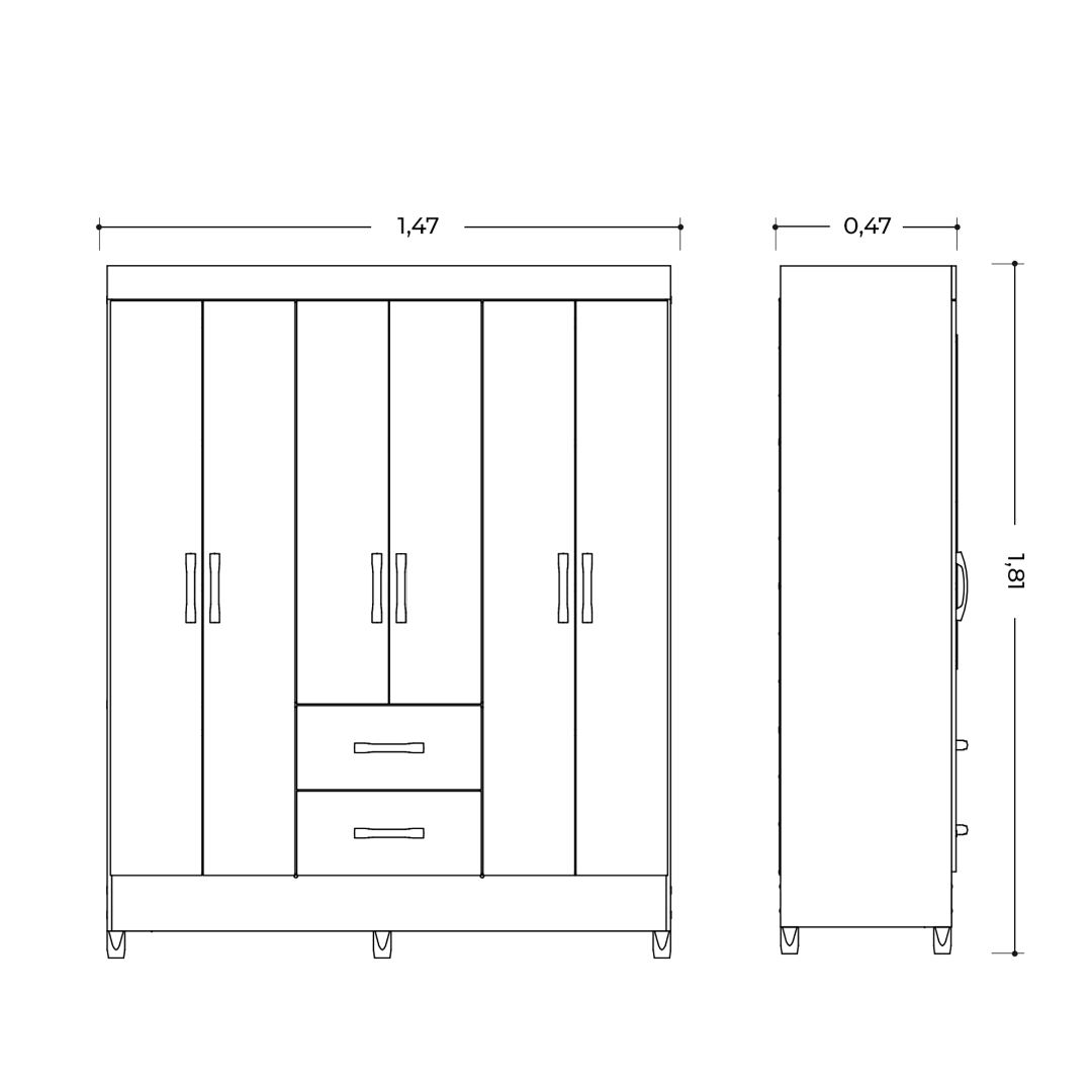 Wardrobe Mobi 23487-309 6 Doors With 2 Drawers  147*181*47Cm Freijo/Titanium (Limited 3 Months Warranty)