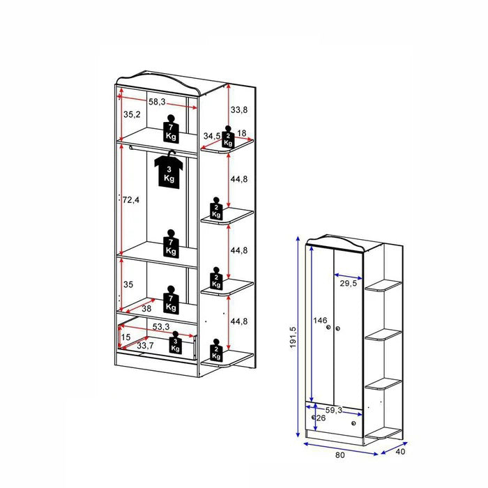 Wardrobe 2660 2 Doors With 1 Drawer  191.5*80*40Cm White (Limited 3 Months Warranty)