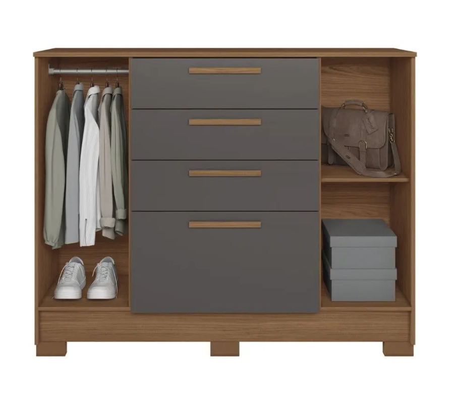 Commode Pinhais 2 Doors With 4 Drawers  Jatoba/Grafite  (Limited 3 Months Warranty)