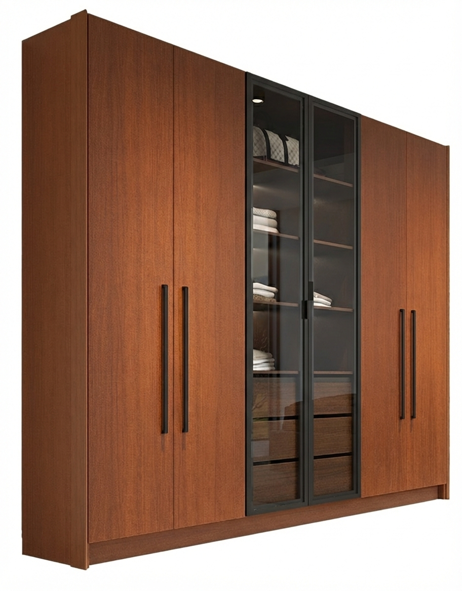 Wardrobe Roma 6 Doors With 2 Glass 243*230*56.5Cm Itauba Ambar (Limited 3 Months Warranty)