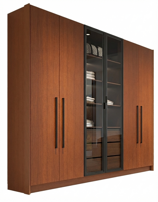 Wardrobe Roma 6 Doors With 2 Glass 243*230*56.5Cm Itauba Ambar (Limited 3 Months Warranty)