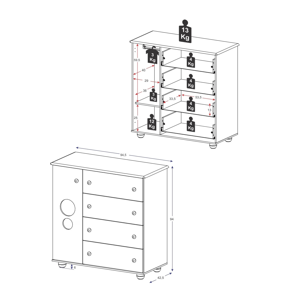 Commode 2895 1 Door With 4 Drawers  94*94.5*42.5Cm White (Limited 3 Months Warranty)