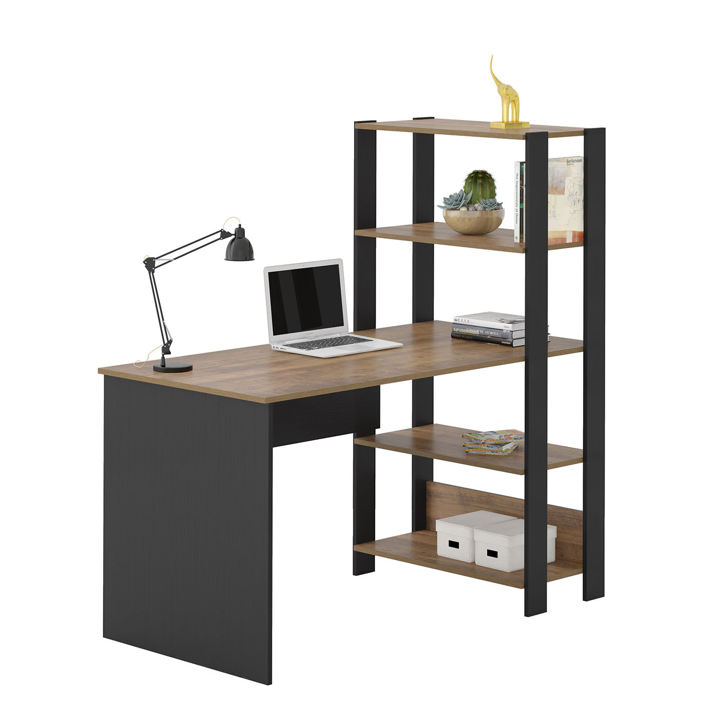 Office Table Match 4224 Four Shelves  120*63*134.5Cm Pine/ Black (Limited 3 Months Warranty)