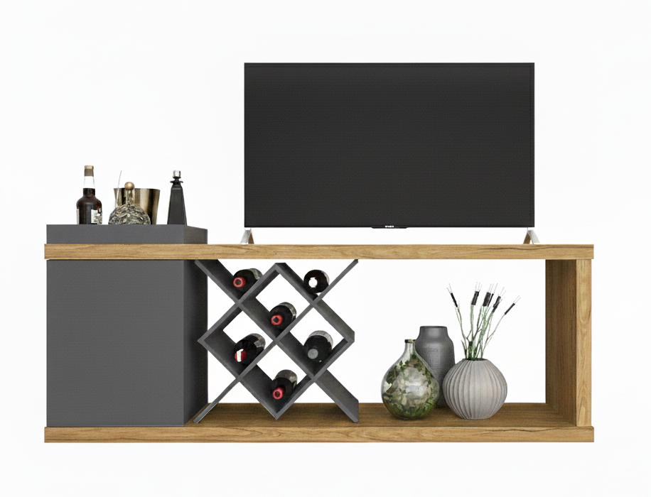 Tv Stand Madrid 4382 Up To 60 One Door With Bottle Holder  180*45*71.5Cm Oak / Graphite  (Limited 3 Months Warranty)