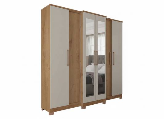 Wardrobe Montreal 2021R-355 6 Doors With Mirror  224.0Cm*238.0Cm*56.0Cm Off White Natural Rustic Cinnamon (Limited 3 Months Warranty)