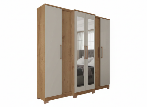 Wardrobe Montreal 2021R-355 6 Doors With Mirror  224.0Cm*238.0Cm*56.0Cm Off White Natural Rustic Cinnamon (Limited 3 Months Warranty)