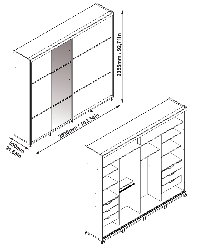 Wardrobe Titan Ref 1173 2 Sliding Doors With 6 Drawe's  263*235*55Cm Fraijo (Limited 3 Months Warranty)