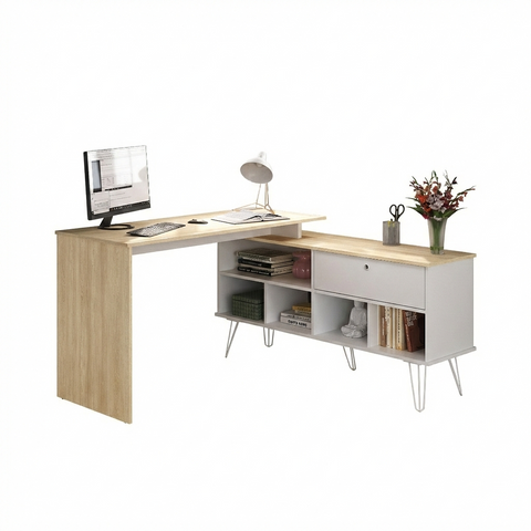 Office Table Dubai 6306 Desk  135.6*136.5*75Cm Light Oak/White (Limited 3 Months Warranty)
