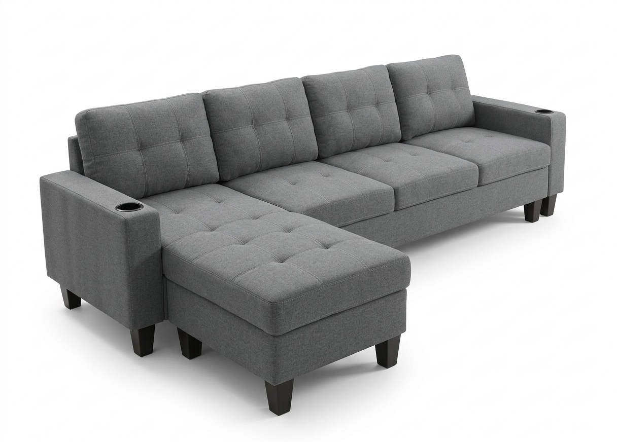 Sofa YL-82361 Sectional Sofa With Reversible  Chaise With  Cup Holders W256*D84-152*H84CM Grey ( limited 3 months warranty)