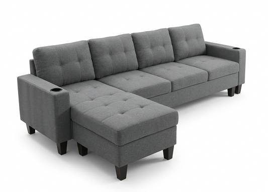 Sofa YL-82361 Sectional Sofa With Reversible  Chaise With  Cup Holders W256*D84-152*H84CM Grey ( limited 3 months warranty)