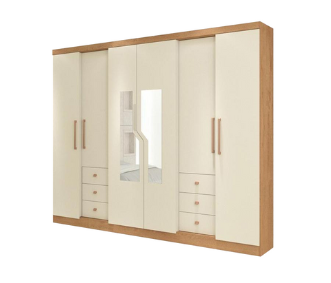 Wardrobe Genebra 2100R-355 6 Doors With Mirror  218.0Cm*235.0Cm*47.0Cm Natural/Off White  (Limited 3 Months Warranty)