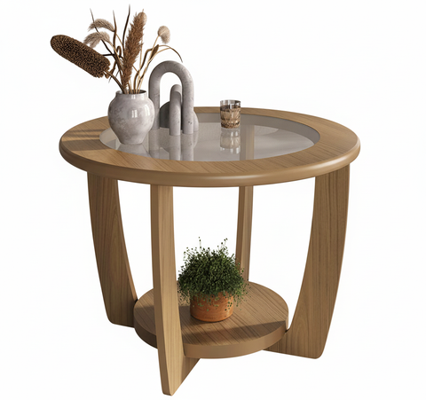 Coffee Table Curve 4575 Rounded With Tempered Glass  60*60*42.5Cm Oak (Limited 3 Months Warranty)